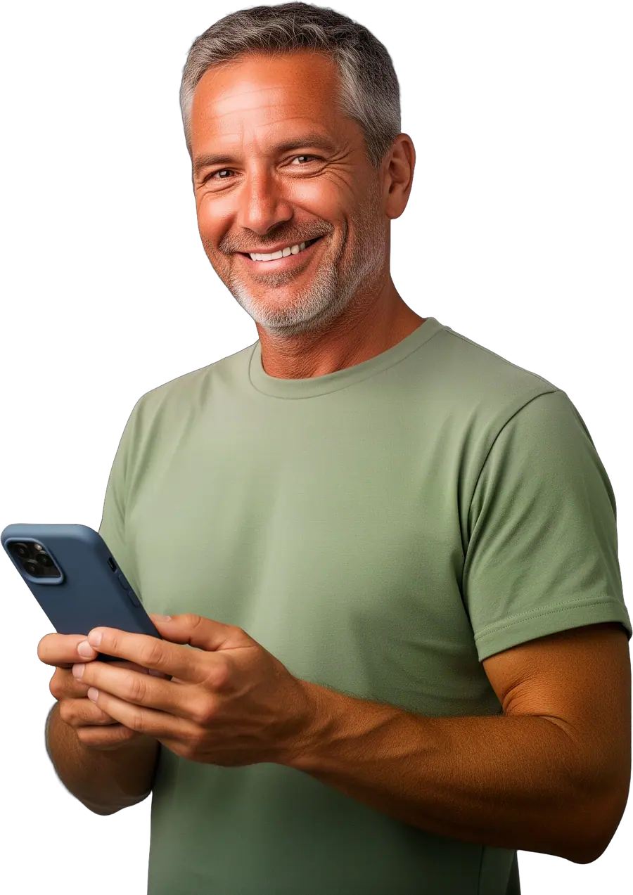 Smiling man in his 50s with short grey hair and a sage green t-shirt holding a blue smartphone in both hands